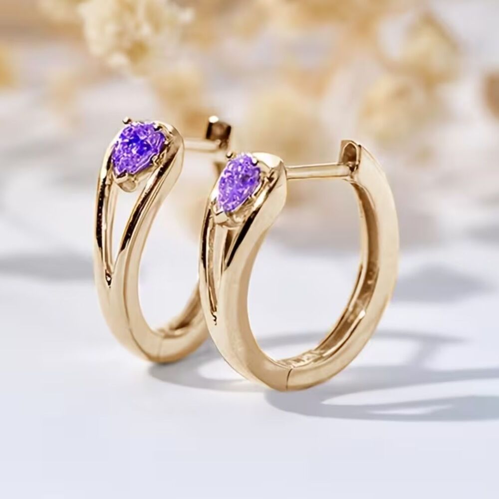 Purple Zirconia Crystal Gold Hoop Earrings Teardrop Gemstone Secure Hinge Lghtwt